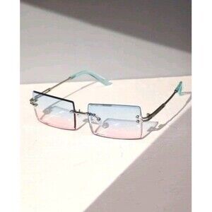 Rimless Square Sunglasses Rainbow Tint Unisex Metal Frame